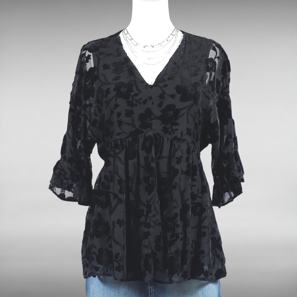 Indie Sleek Devore Velvet Burnout Floral Peasant Top Blouse Black Womens S